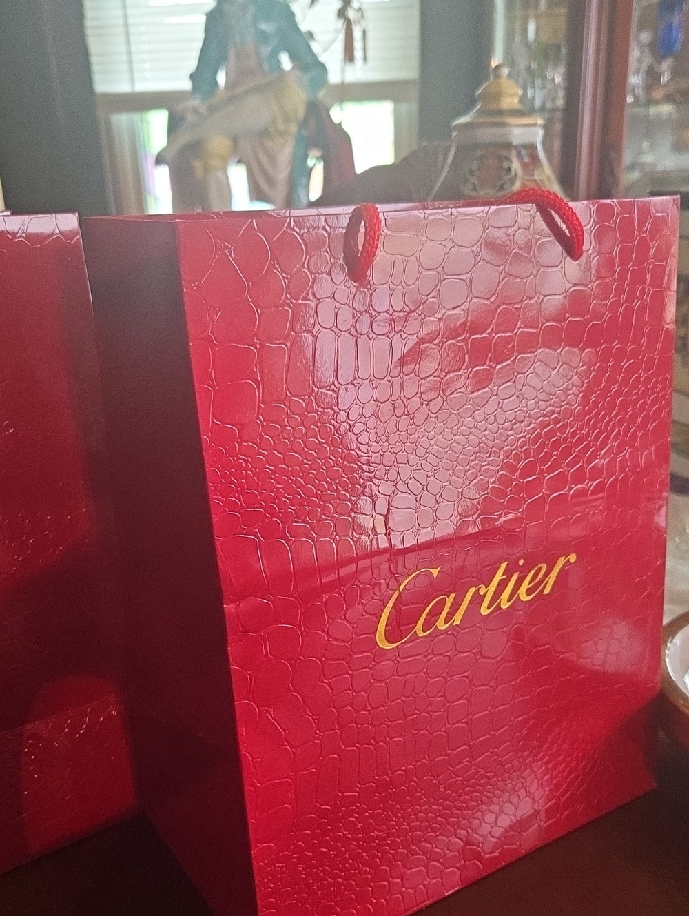 Cartier Red Croc-Embossed Tote with Gold Logo. Gift Or Shopping Bags Set Of 2.